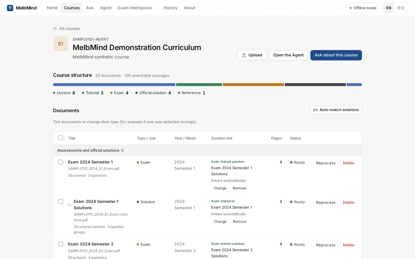 The full self-hosted MelbMind course page for the synthetic SAMPLE101 course, with upload, document management and solution-link controls